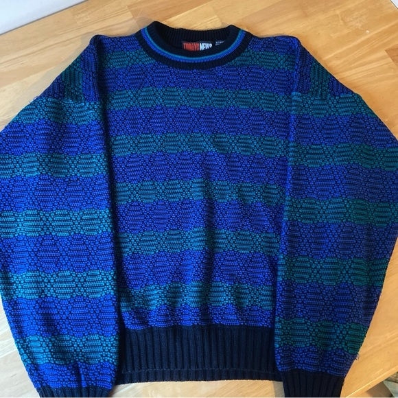 Grandpa Cosby Sweater Mens XL Relaxed Knit 90s Pullover Navy Green Cabincore - Picture 2 of 16